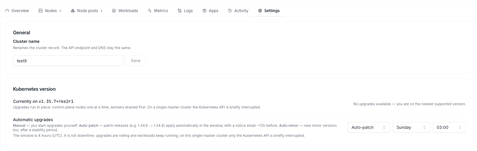 Kubernetes version card in cluster Settings — current version, upgrade mode, and maintenance window