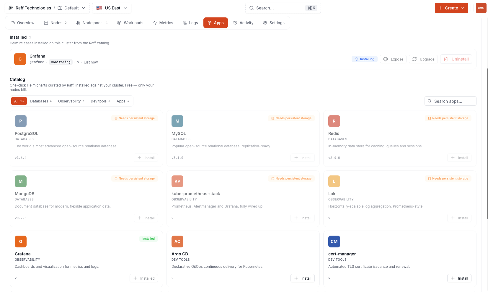 App Hub catalog with one-click Helm charts and an installed Grafana release