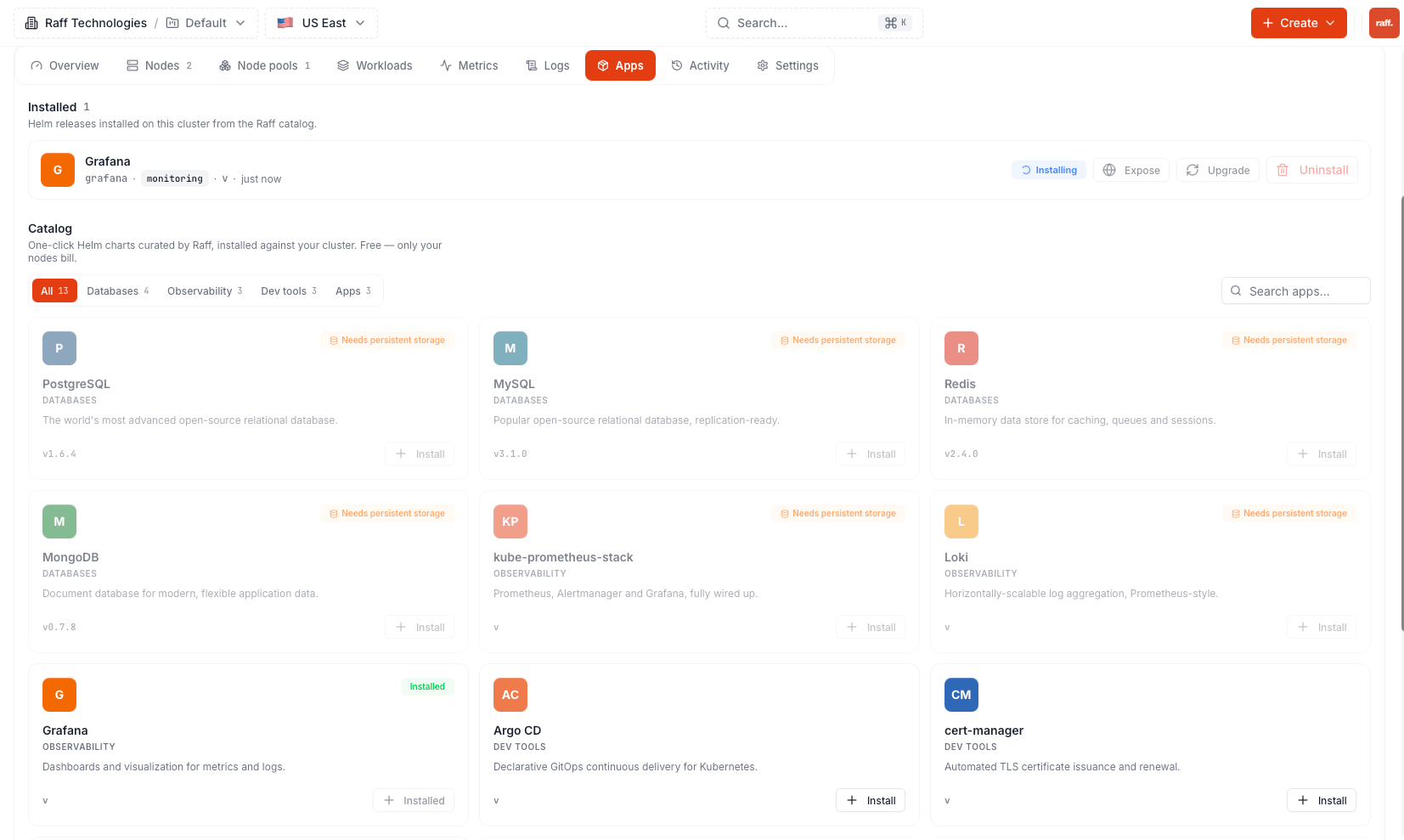 App Hub catalog with one-click Helm charts and an installed Grafana release