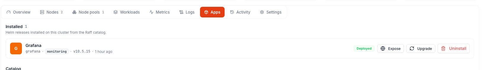 Installed app row with Expose, Upgrade and Uninstall actions