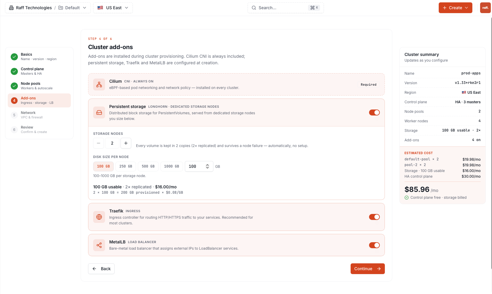 Add-ons step with Cilium, persistent storage sizing, Traefik and MetalLB