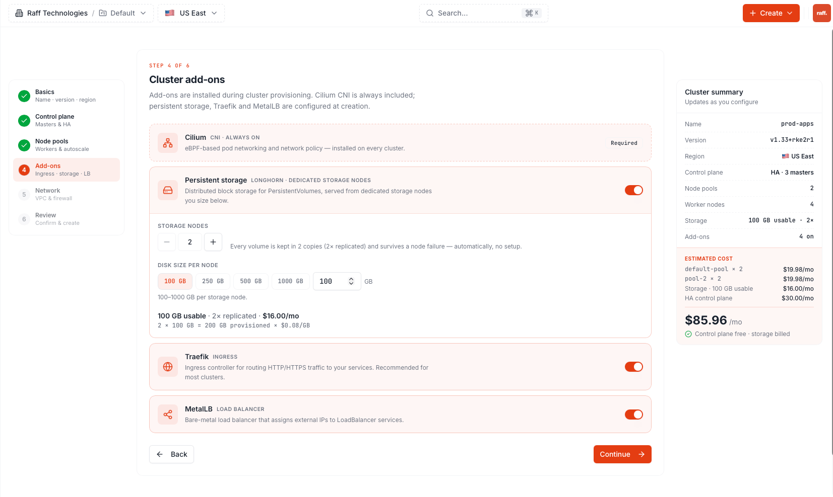 Add-ons step with Cilium, persistent storage sizing, Traefik and MetalLB