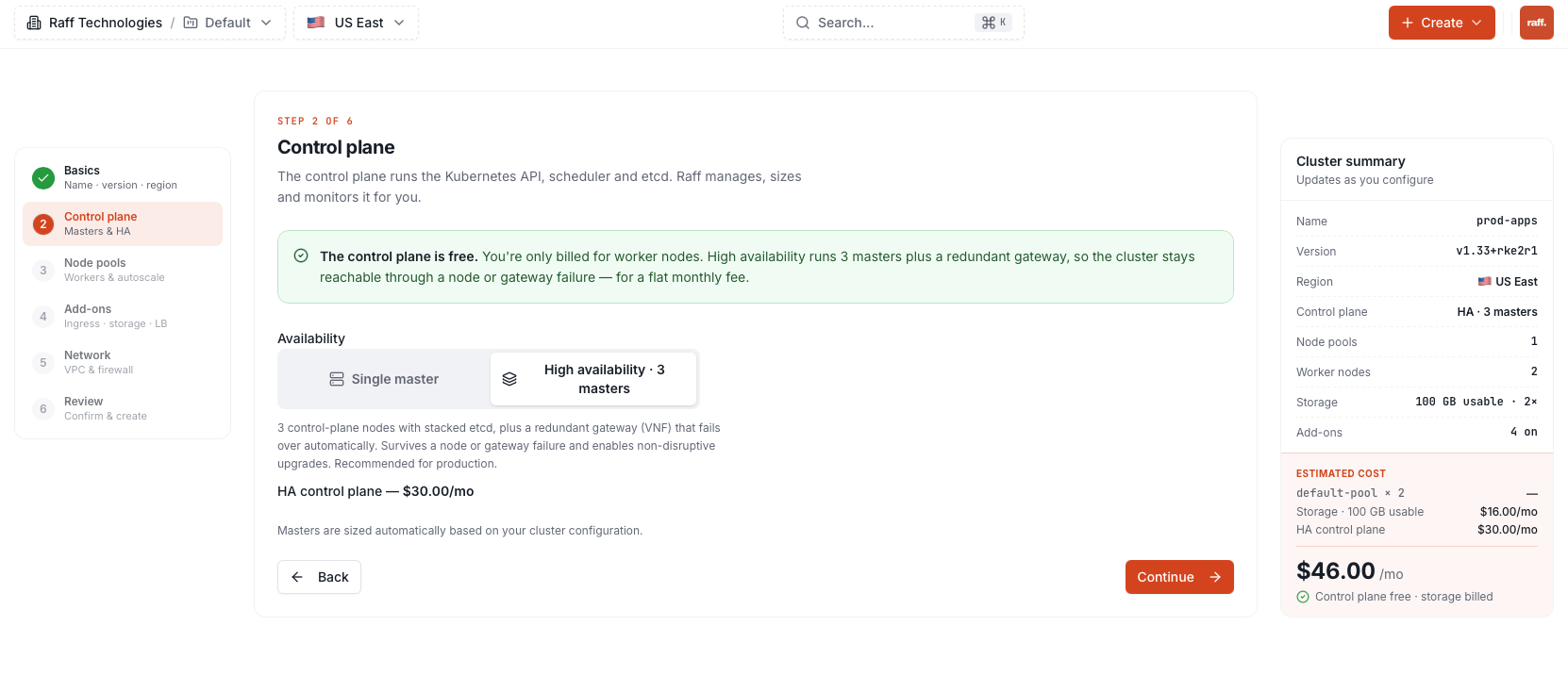 Control plane step with single master and high availability options