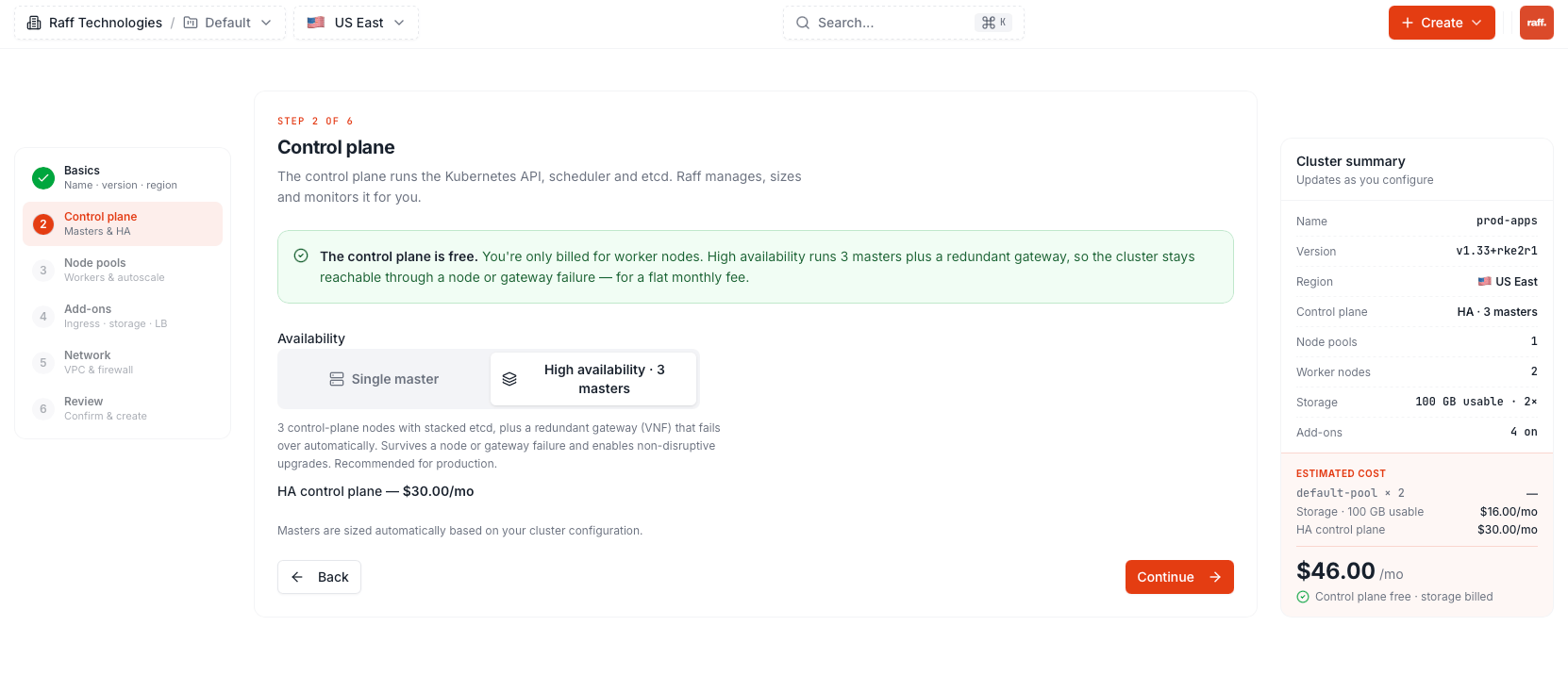 Control plane step with single master and high availability options