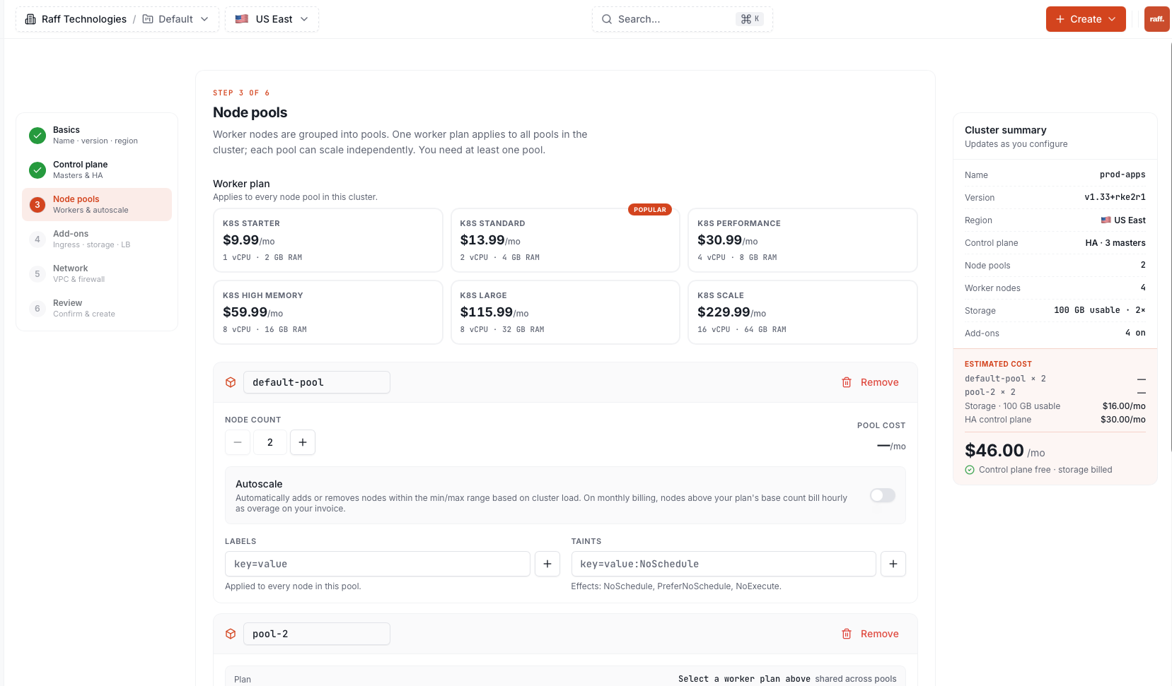 Node pools step with worker plans, node count, autoscale, labels and taints