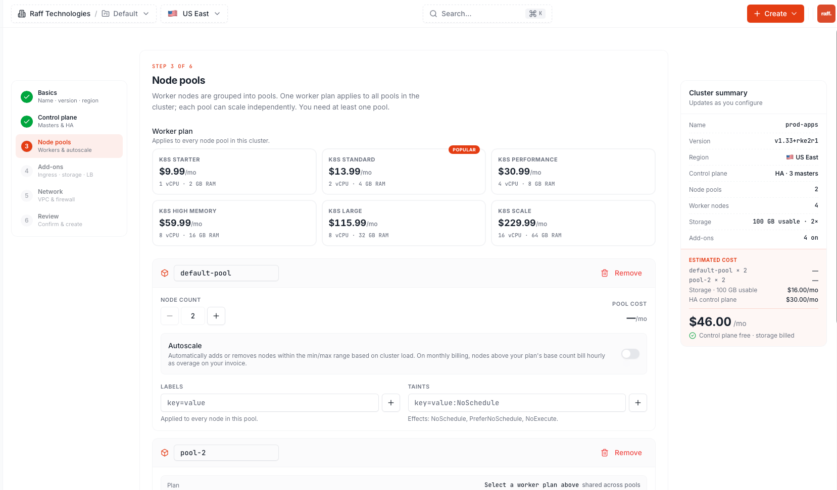 Node pools step with worker plans, node count, autoscale, labels and taints
