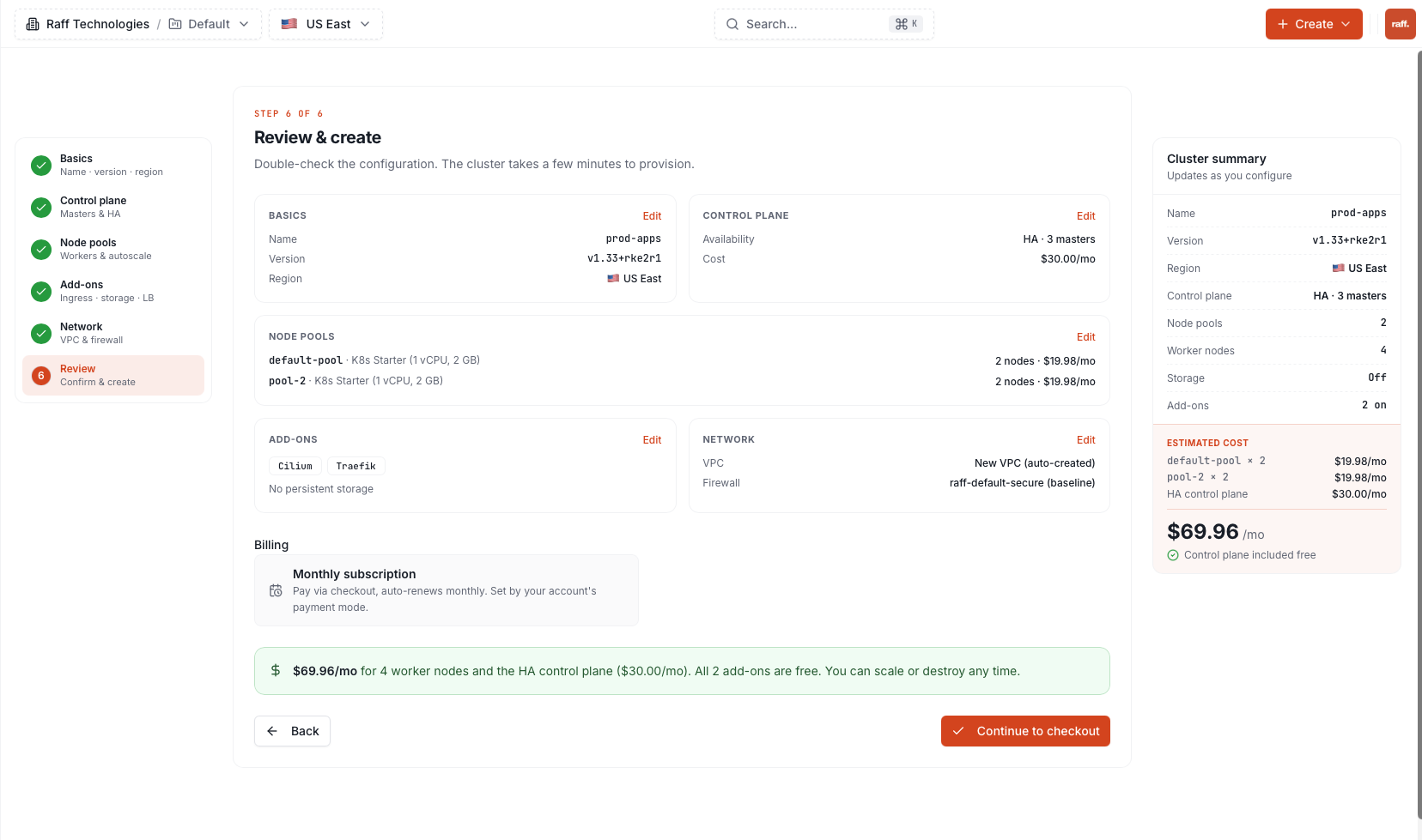 Review step with configuration summary and monthly cost