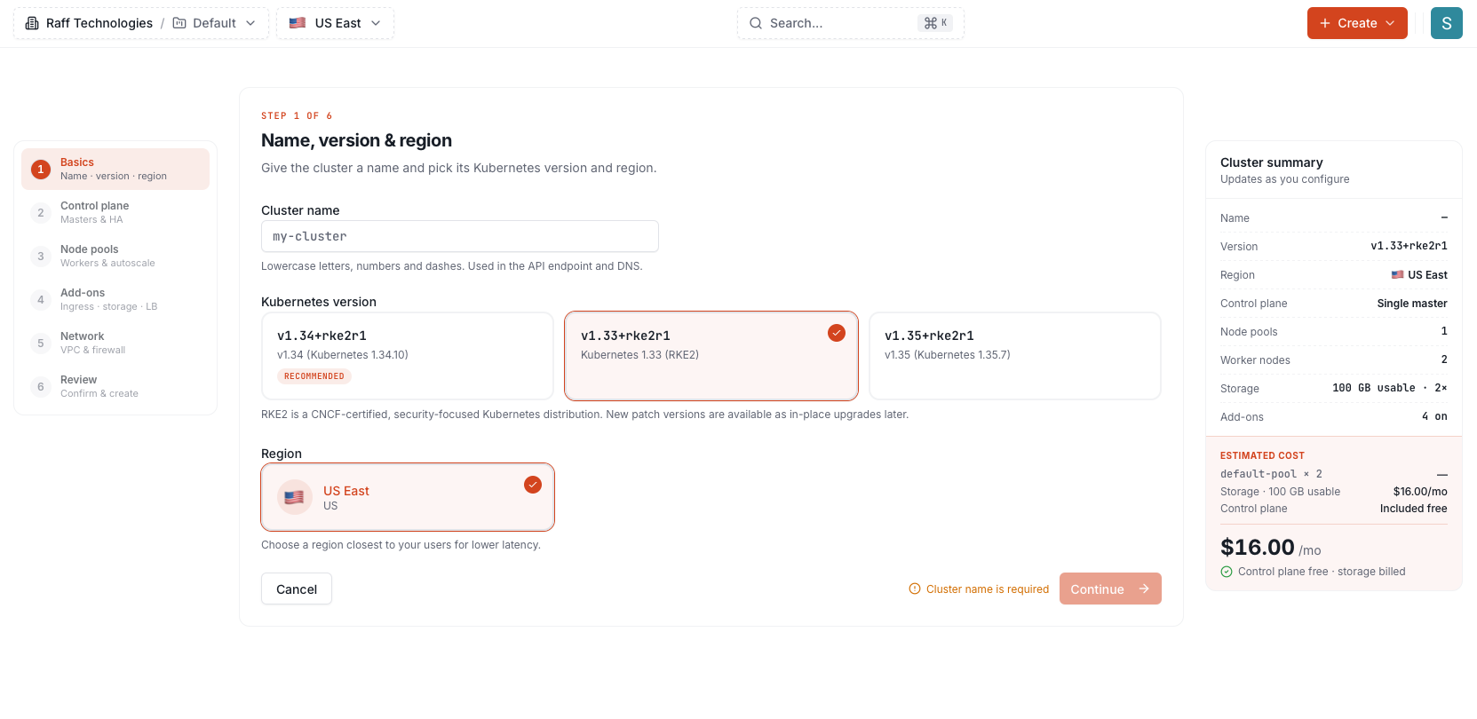 Kubernetes page in the Raff dashboard with the New cluster button