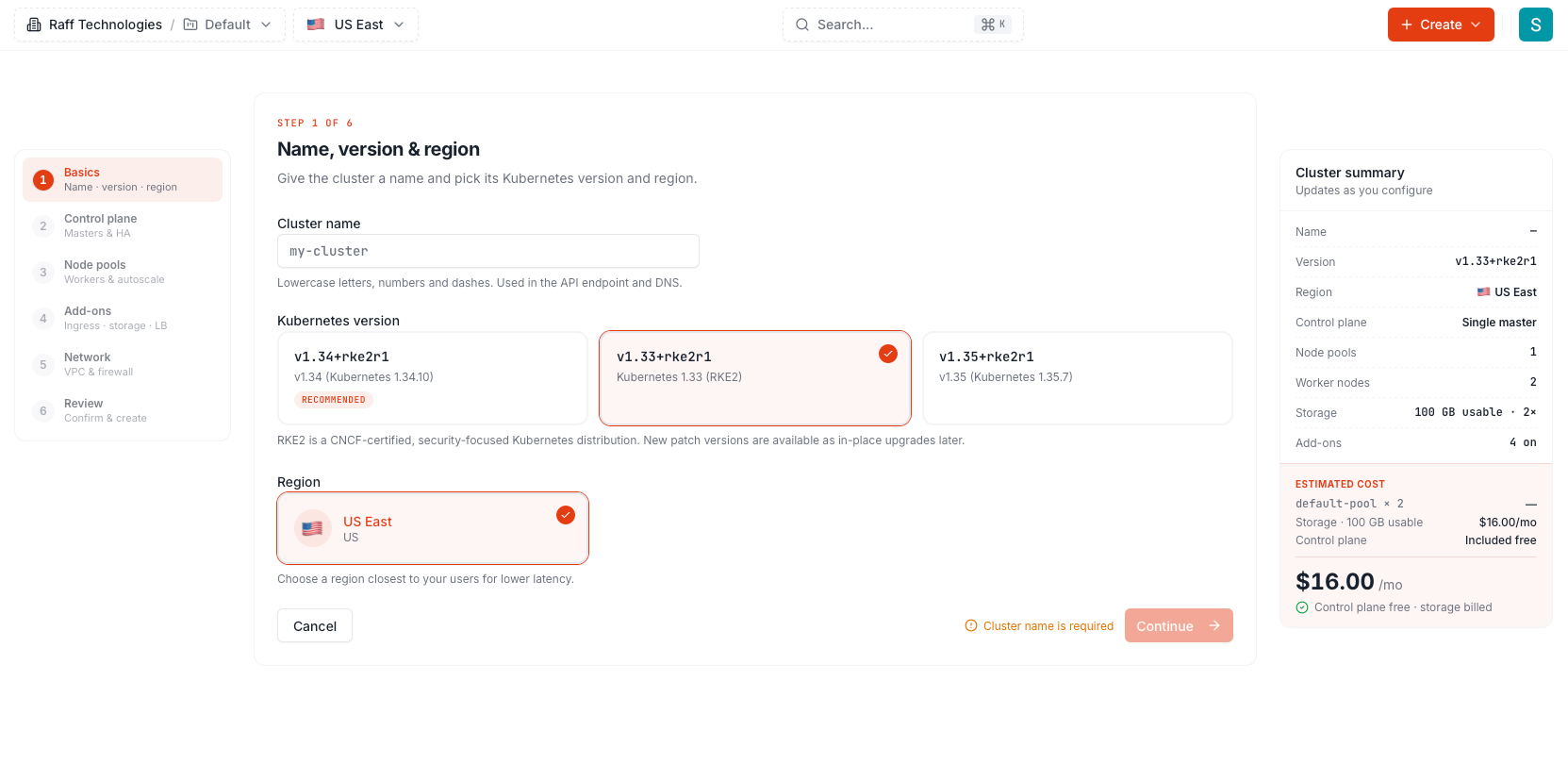 Kubernetes page in the Raff dashboard with the New cluster button