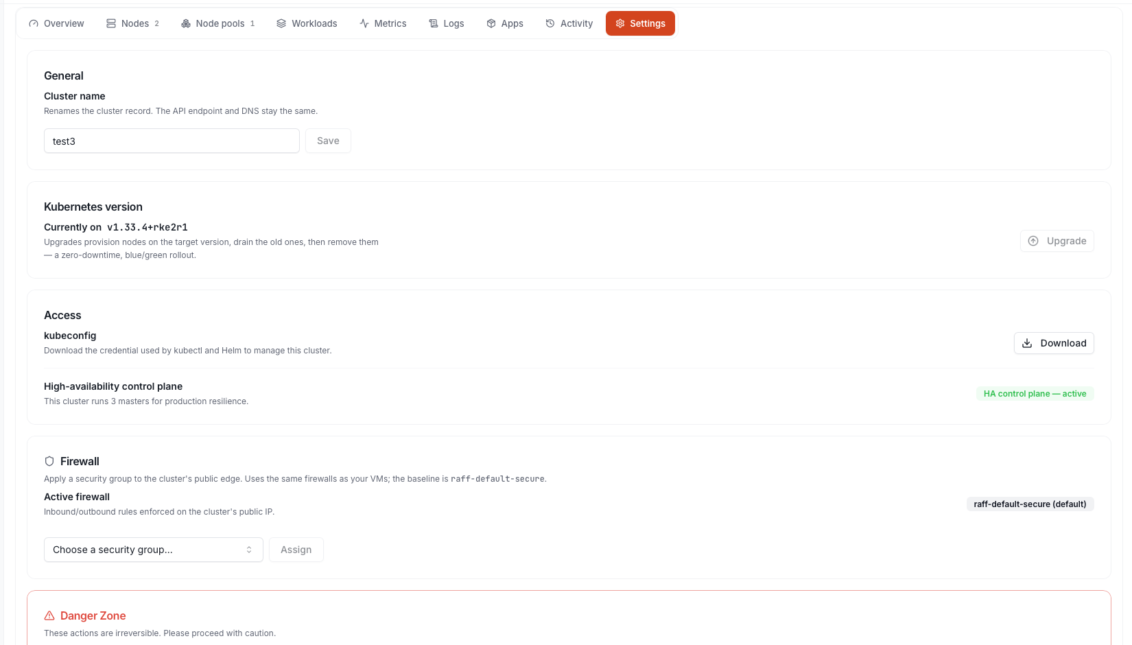 Cluster Settings with the firewall section — active security group and assignment