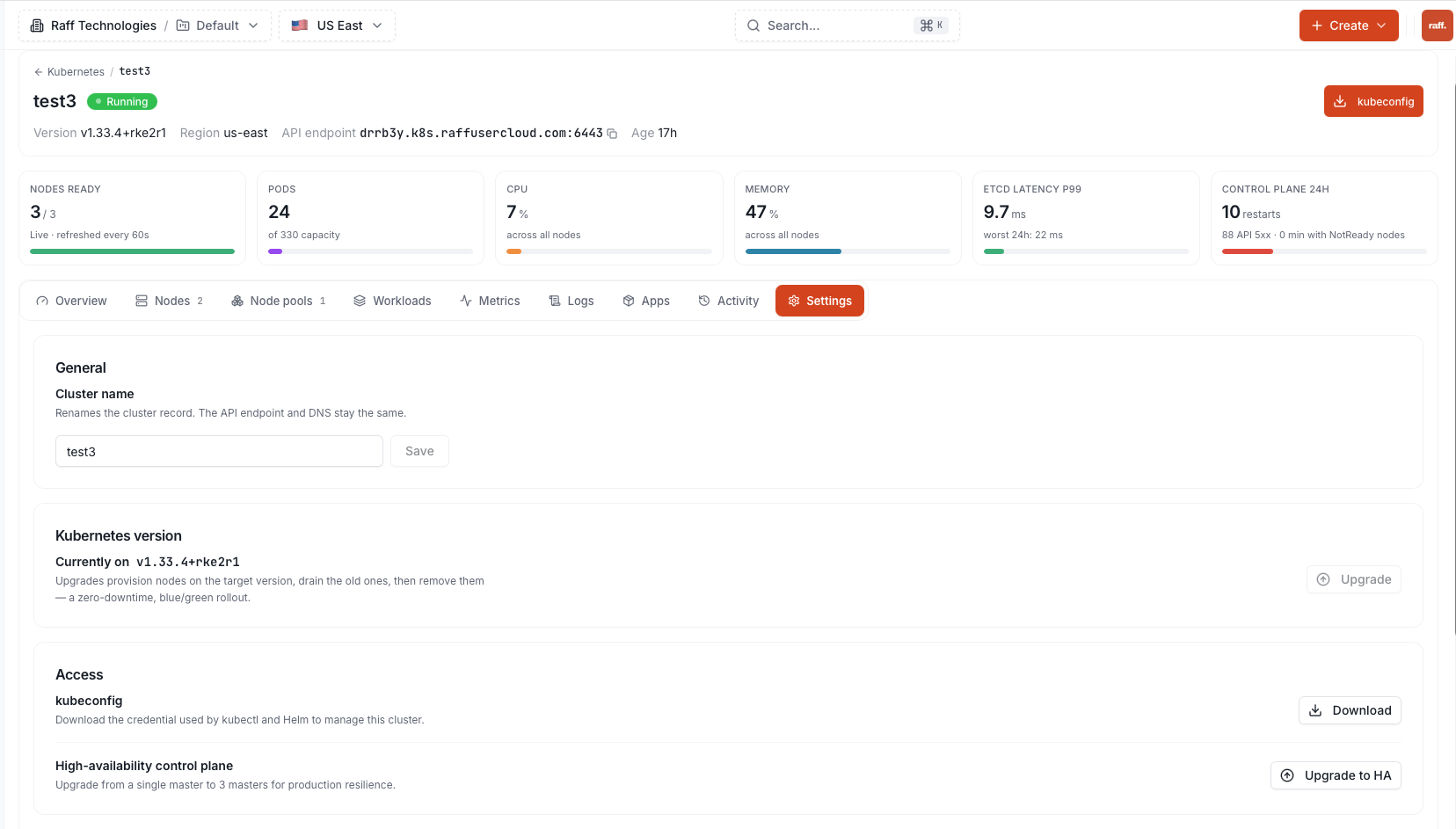 Cluster Settings page with the kubeconfig Download button