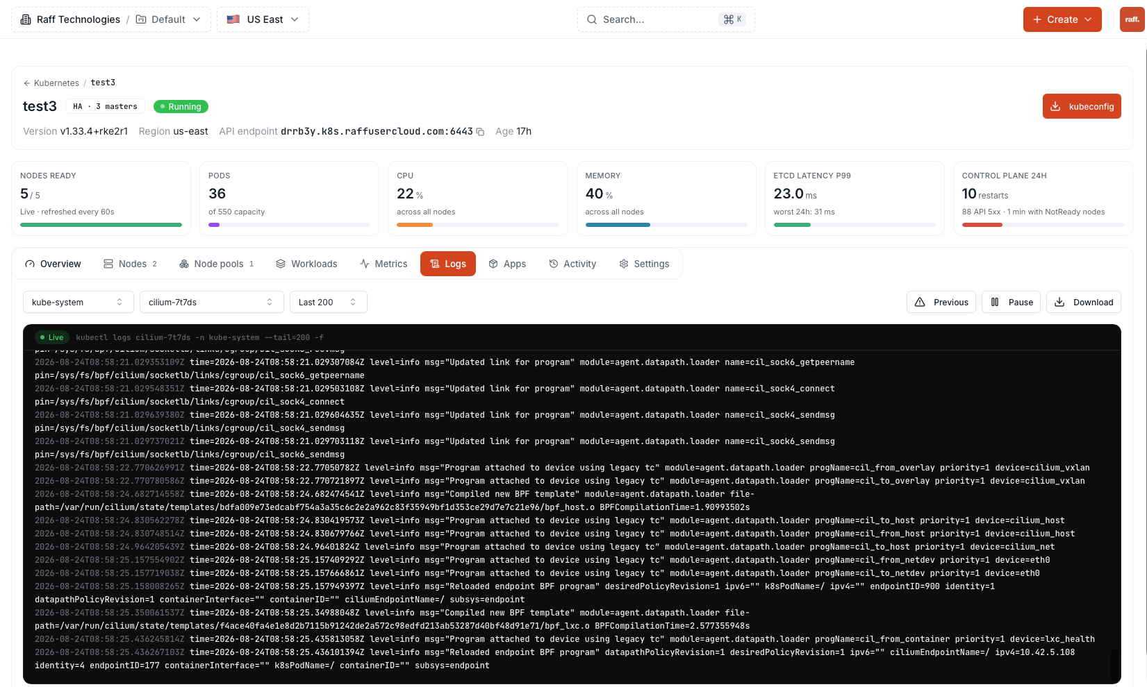 Logs tab streaming live pod logs with namespace and pod selectors, pause and download