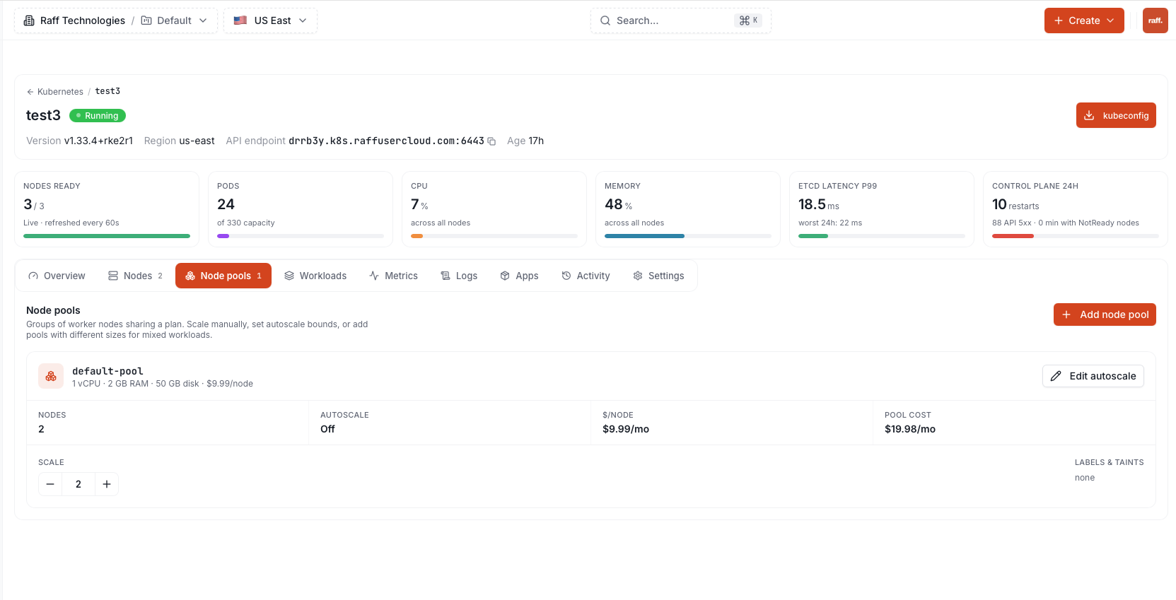 Node pools tab with the scale control and per-node pricing