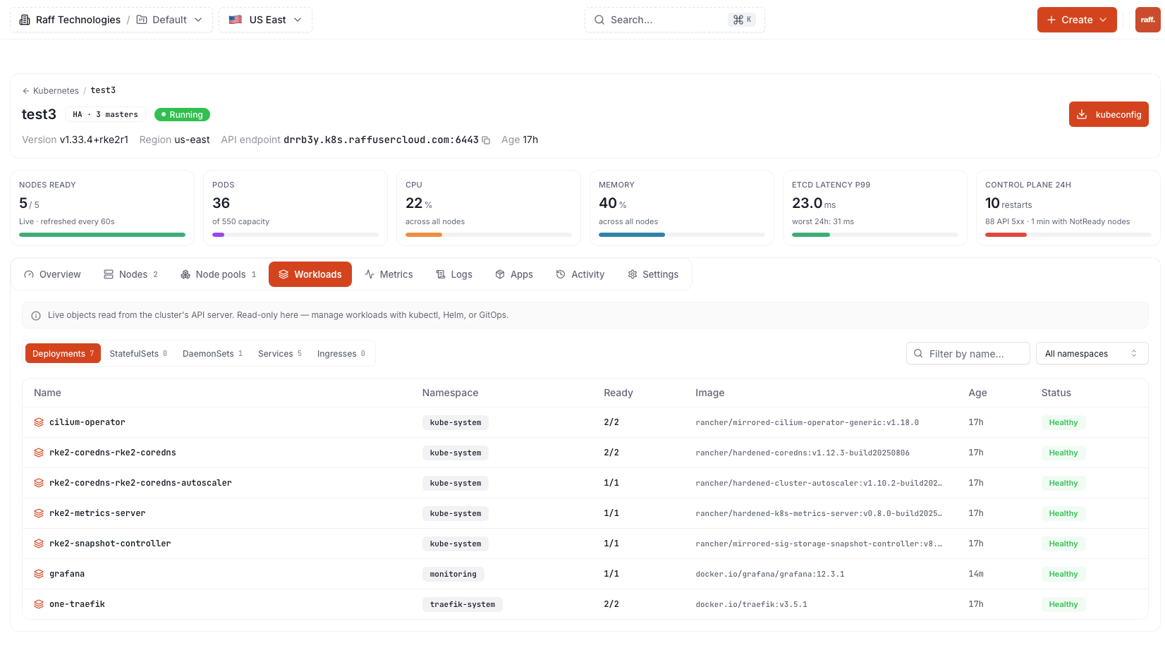 Workloads tab listing deployments with namespace, readiness, image and health