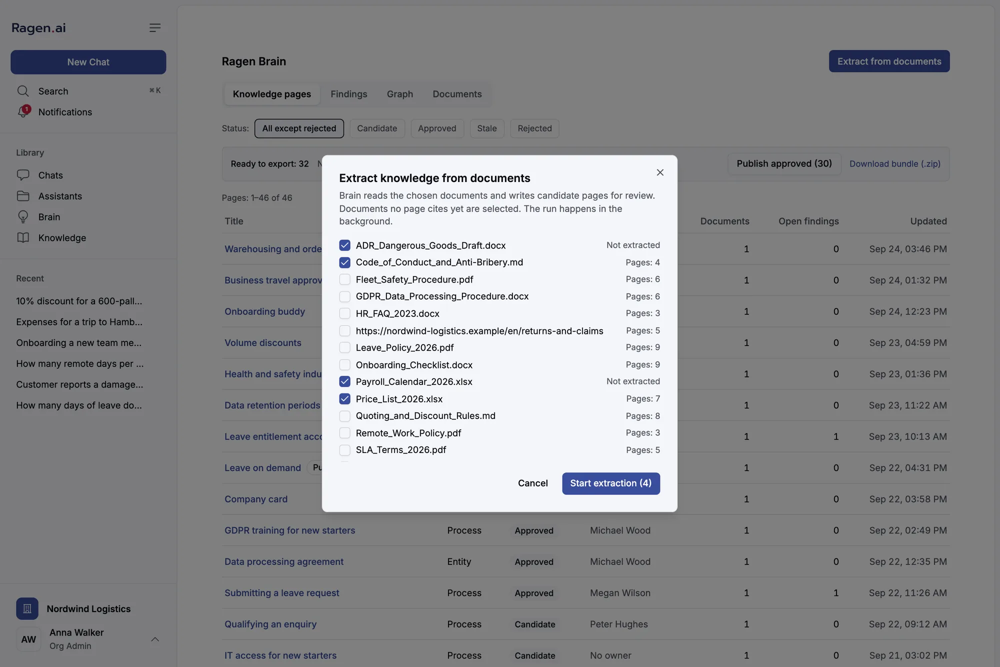 The Extract knowledge from documents dialog with a list of documents, some selected, and a Start extraction button