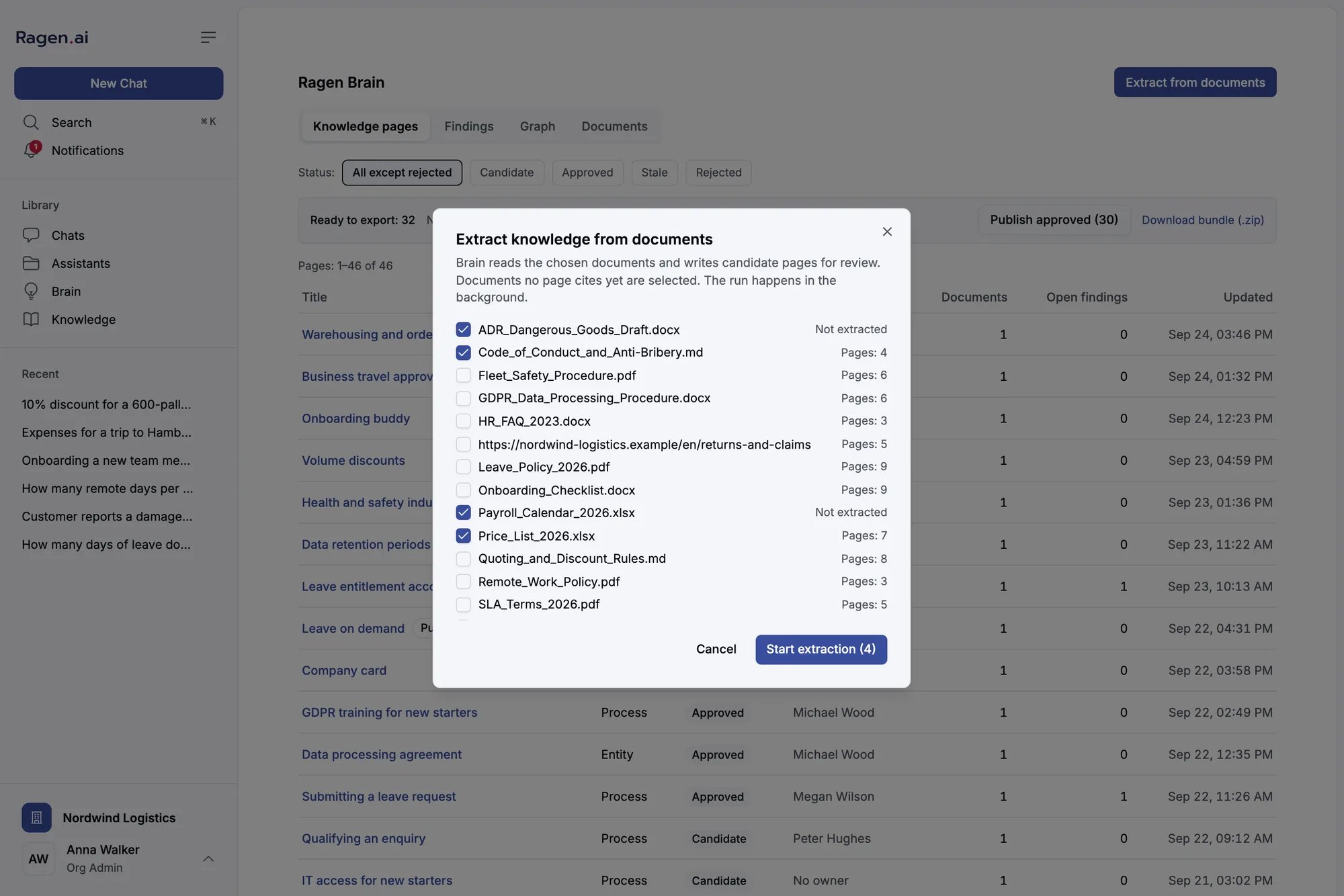The Extract knowledge from documents dialog with a list of documents, some selected, and a Start extraction button