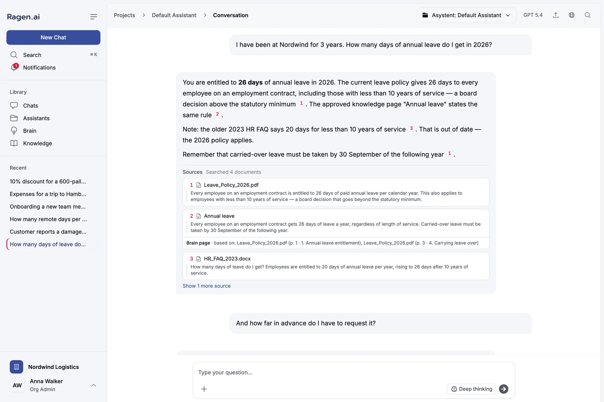 A chat answer with three sources: a policy PDF, a Brain page titled Annual leave with its based-on documents, and an older FAQ document