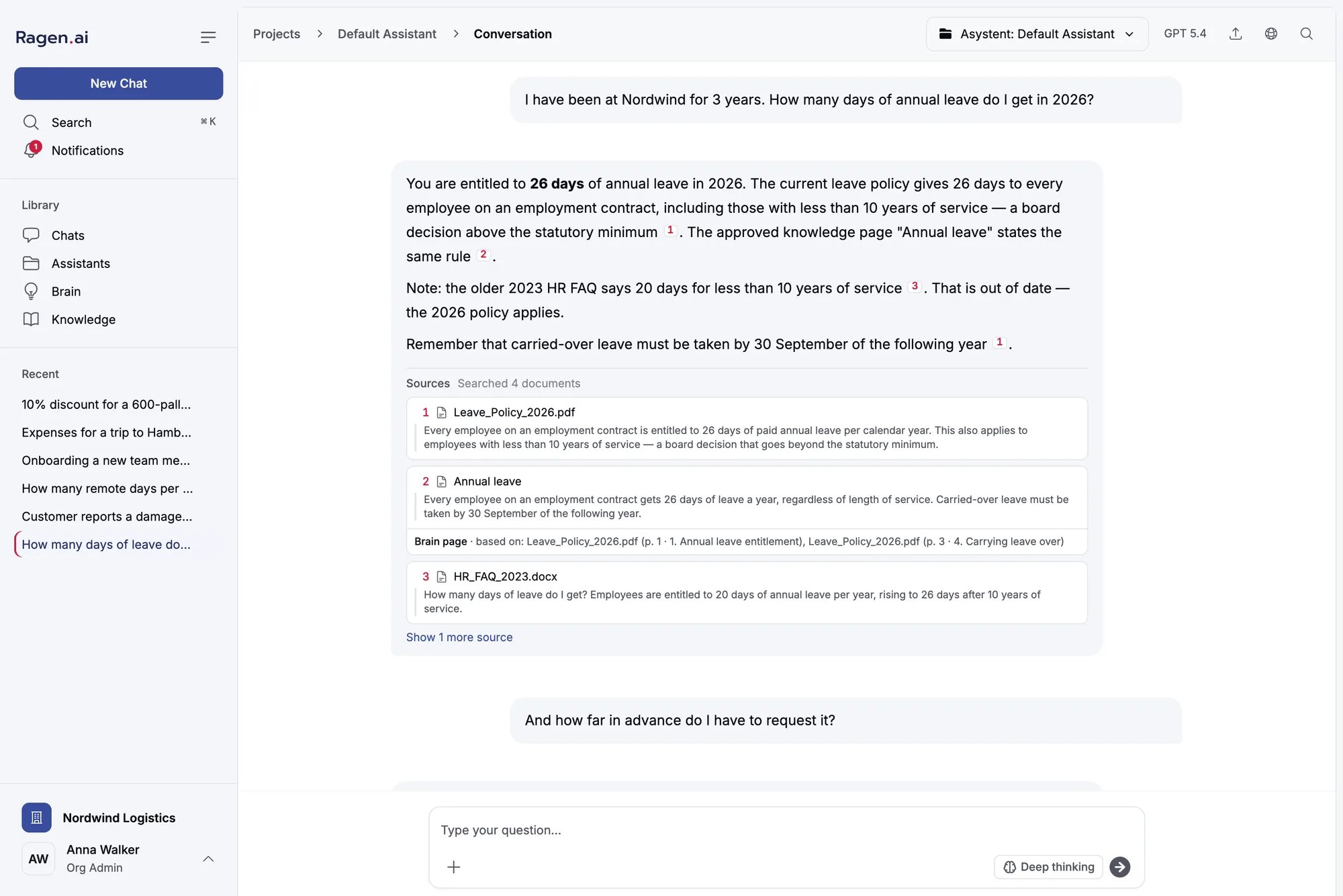 A chat answer with three sources: a policy PDF, a Brain page titled Annual leave with its based-on documents, and an older FAQ document