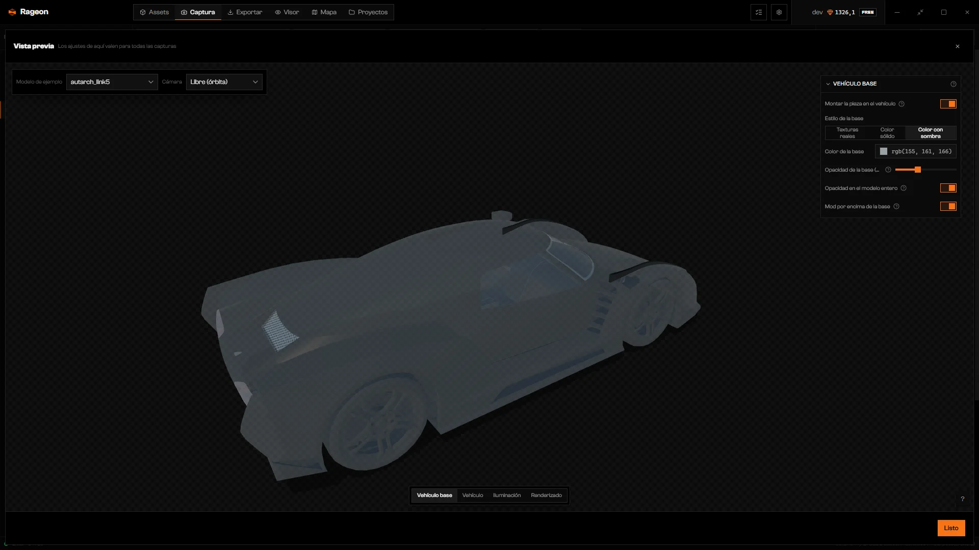 Vista previa de una pieza sobre un coche translúcido con Estilo de la base y Opacidad de la base