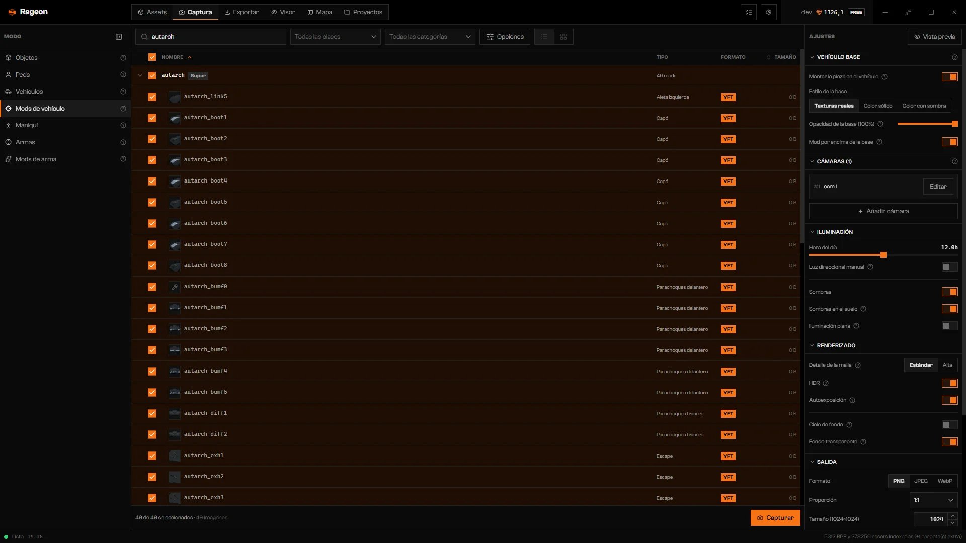 Lista de Mods de vehículo con un vehículo dueño desplegado en sus piezas, y la sección Vehículo base