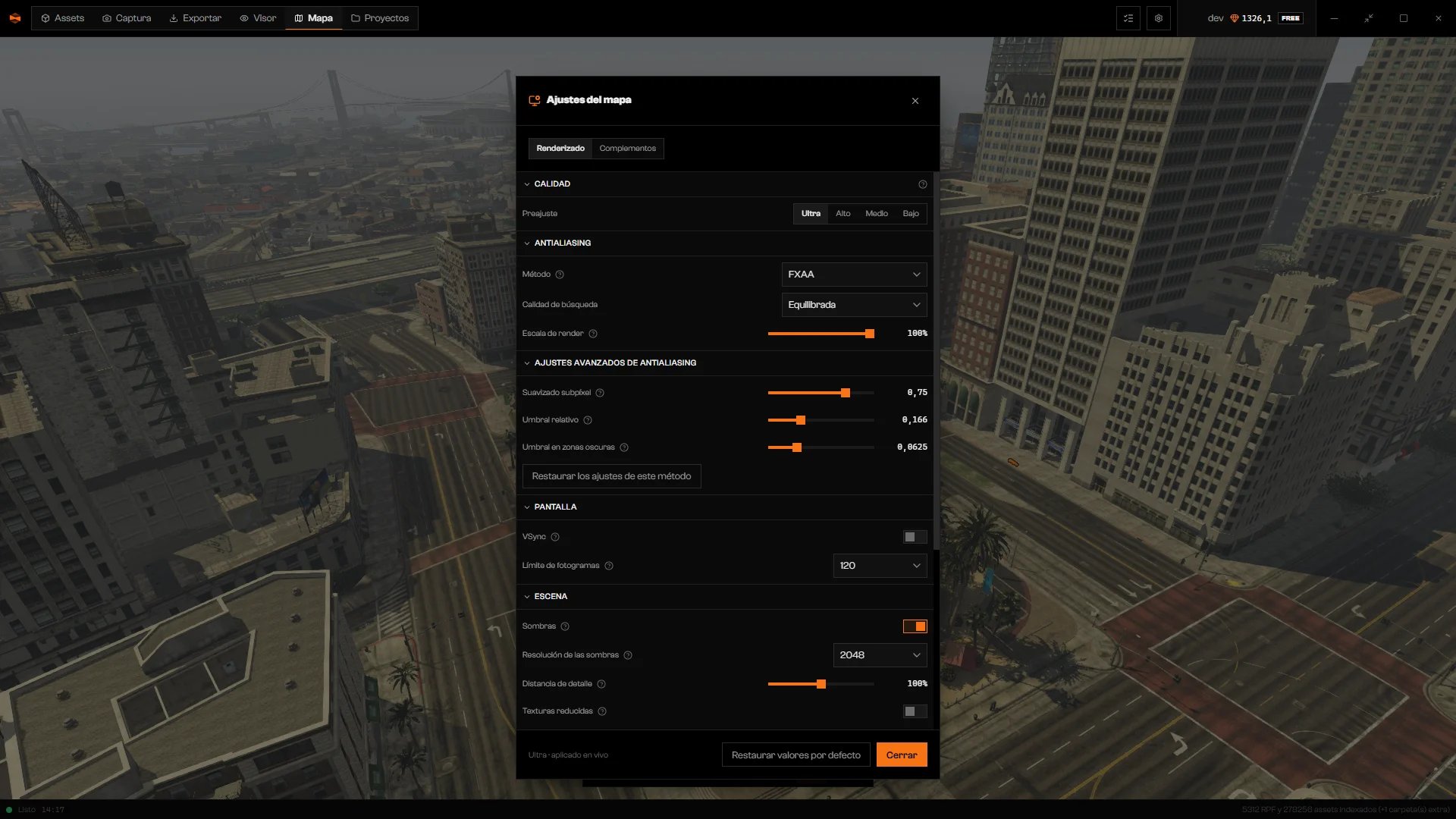 Sección de antialiasing con Método en FXAA, Calidad de búsqueda y los controles de suavizado y umbral