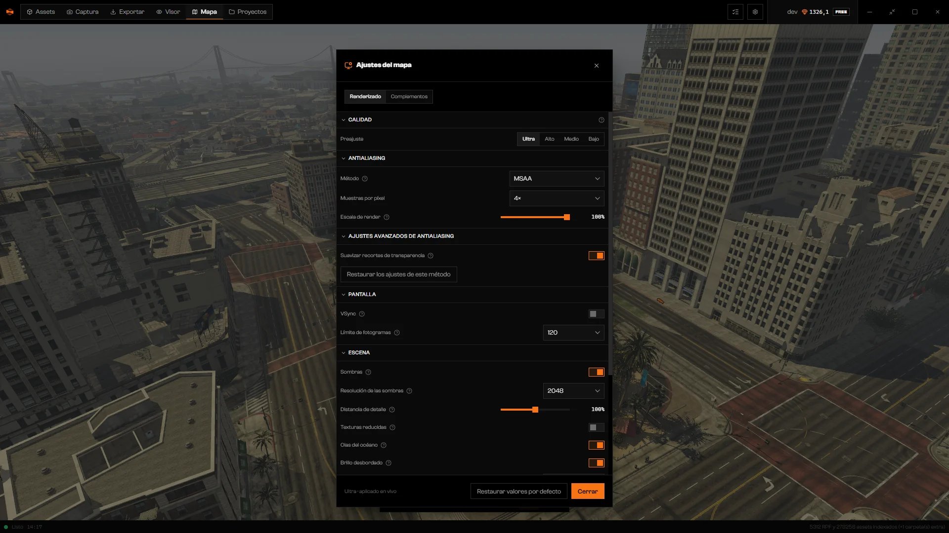 Sección de antialiasing con Método en MSAA, un selector de Muestras por píxel y Suavizar recortes de transparencia