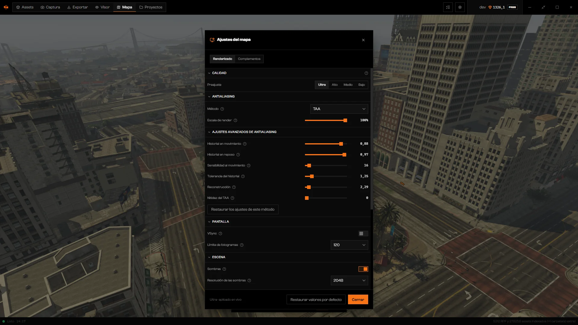 Sección de antialiasing con Método en TAA y los controles avanzados de historial, reconstrucción y nitidez