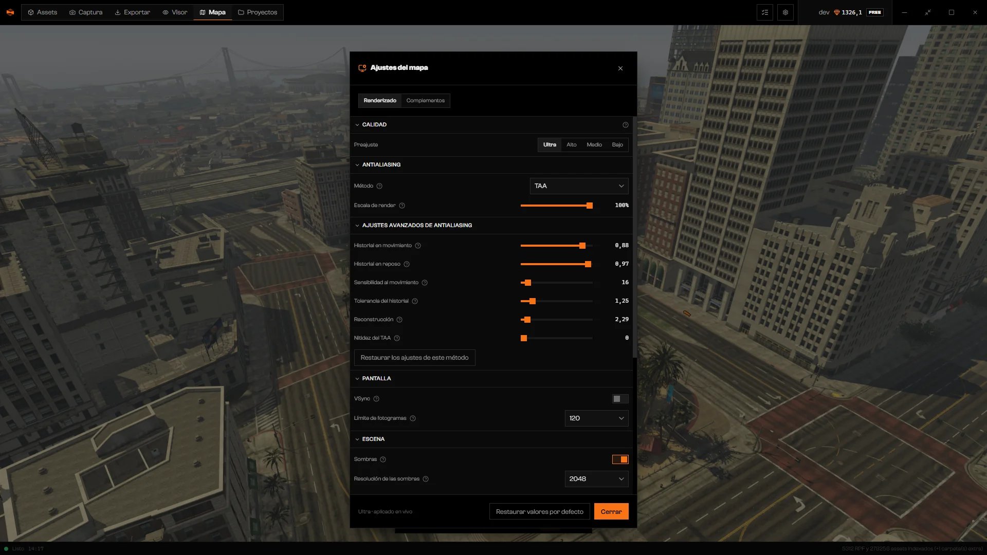 Sección de antialiasing con Método en TAA y los controles avanzados de historial, reconstrucción y nitidez
