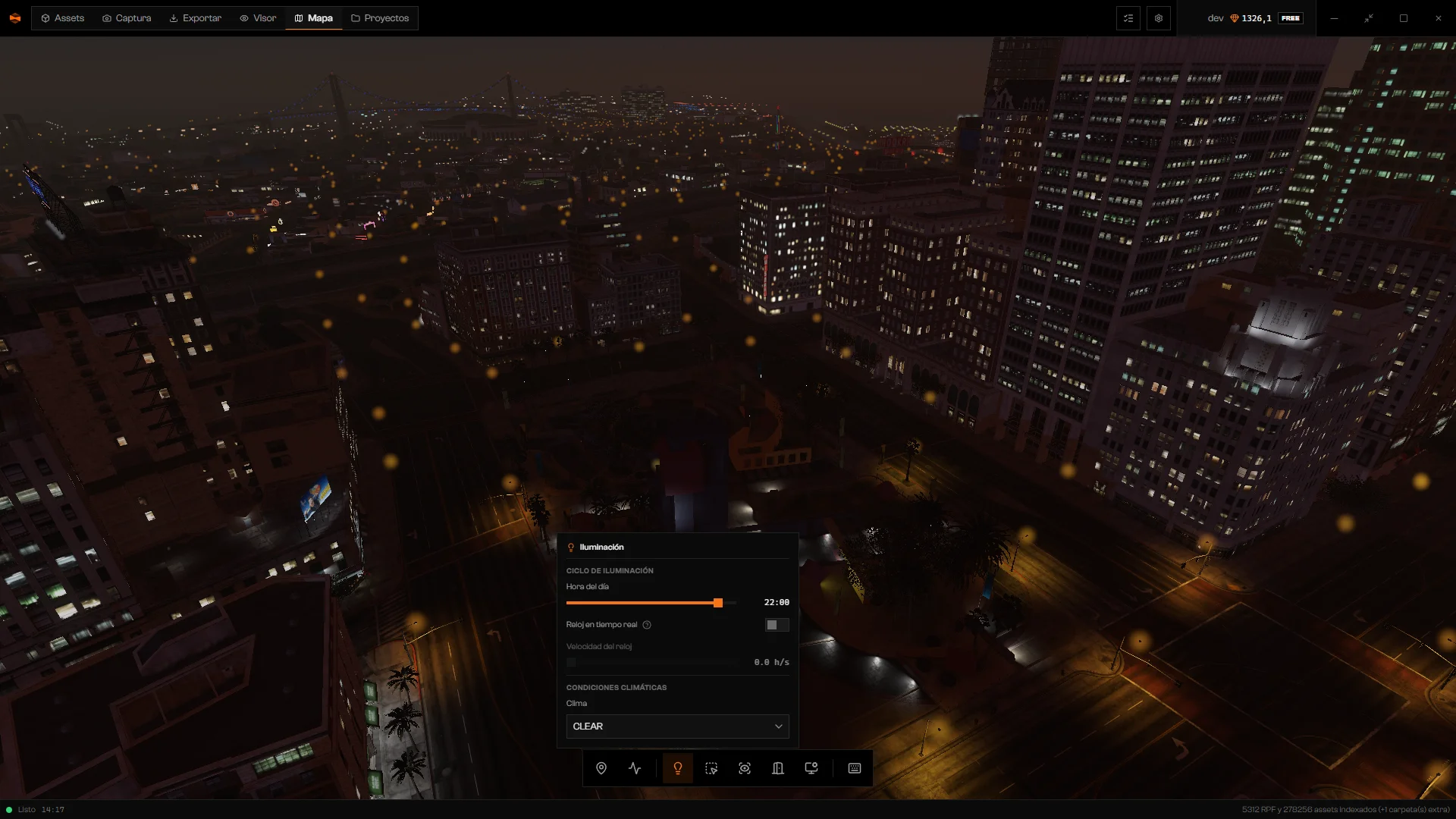 Panel de Iluminación con Hora del día a las 22:00 sobre Los Santos de noche
