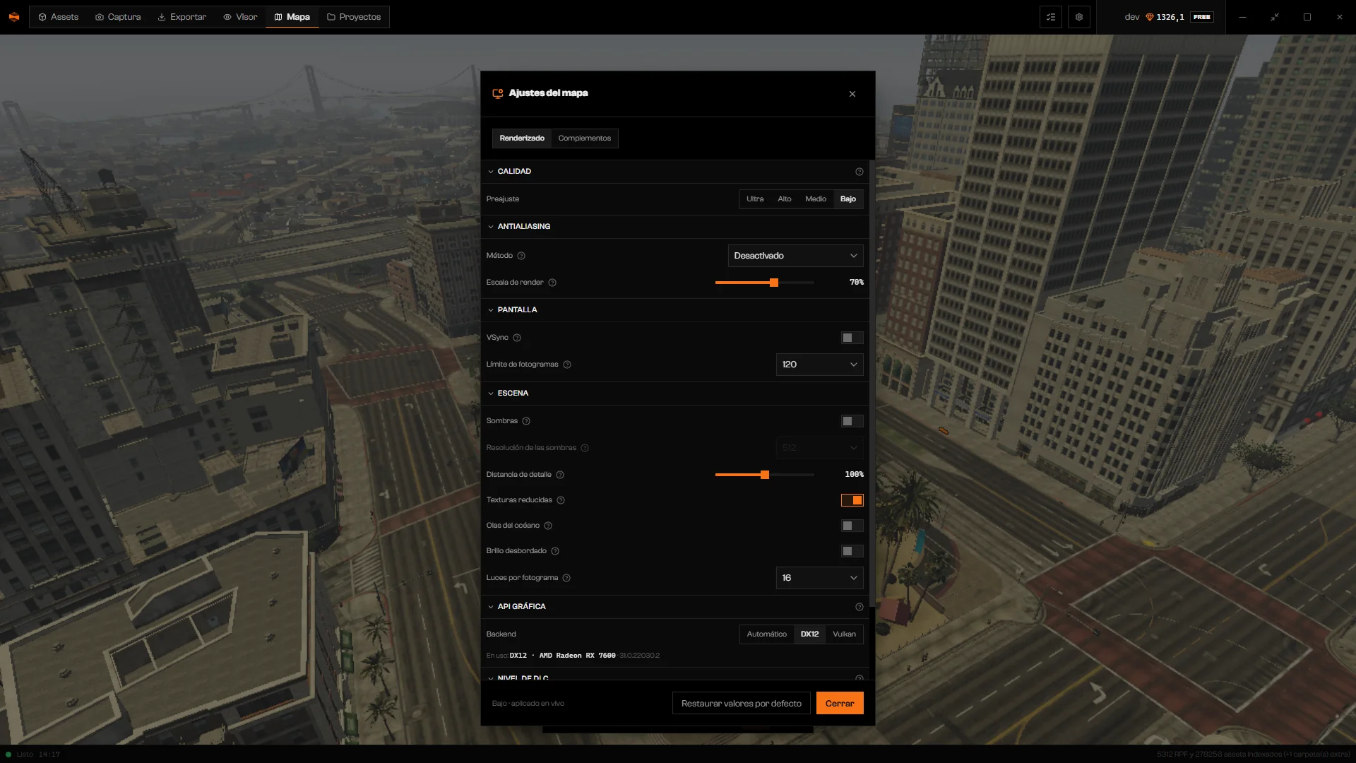 Ajustes del mapa con el preajuste Bajo seleccionado, sombras desactivadas y el Método de antialiasing en Desactivado
