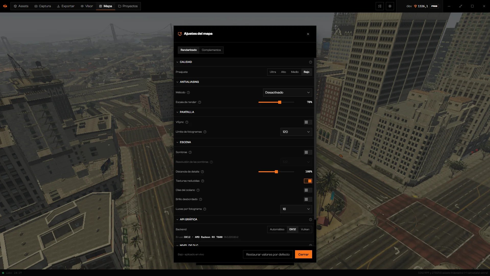 Ajustes del mapa con el preajuste Bajo seleccionado, sombras desactivadas y el Método de antialiasing en Desactivado