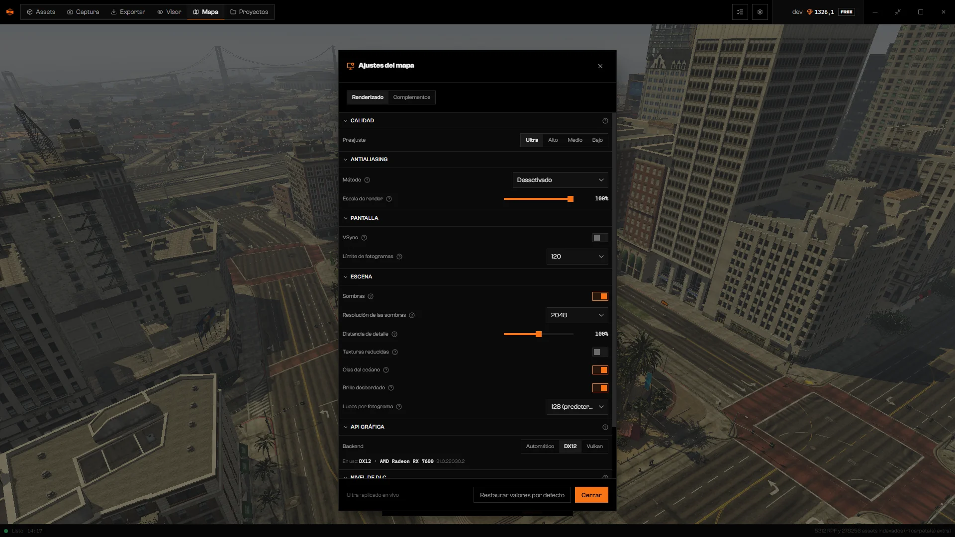 Diálogo de ajustes del mapa en la pestaña Renderizado, con las secciones Preajustes de calidad, Antialiasing, Pantalla, Escena y API gráfica