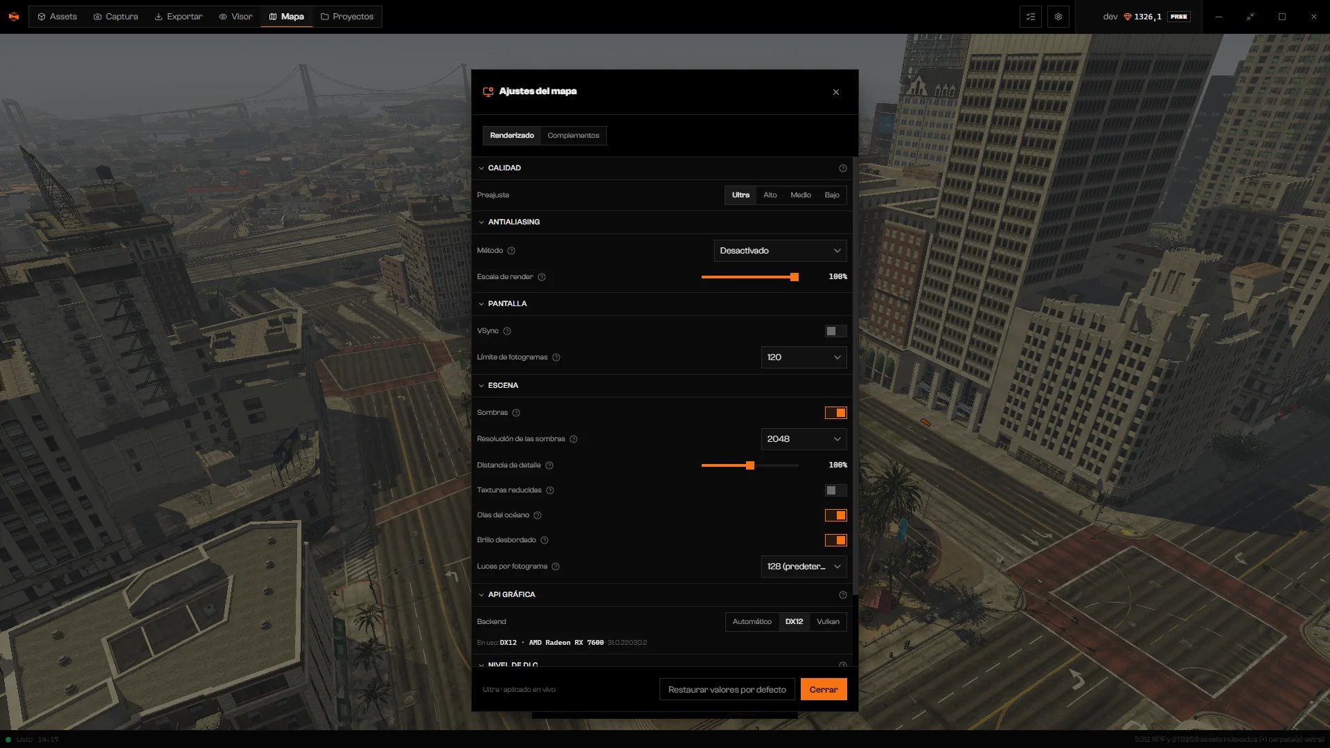 Diálogo de ajustes del mapa en la pestaña Renderizado, con las secciones Preajustes de calidad, Antialiasing, Pantalla, Escena y API gráfica
