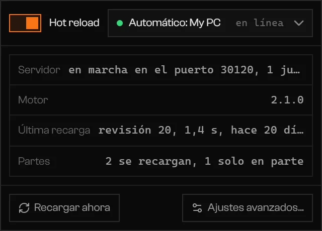 Popover de Hot reload con el interruptor activado, el servidor My PC en línea y Recargar ahora
