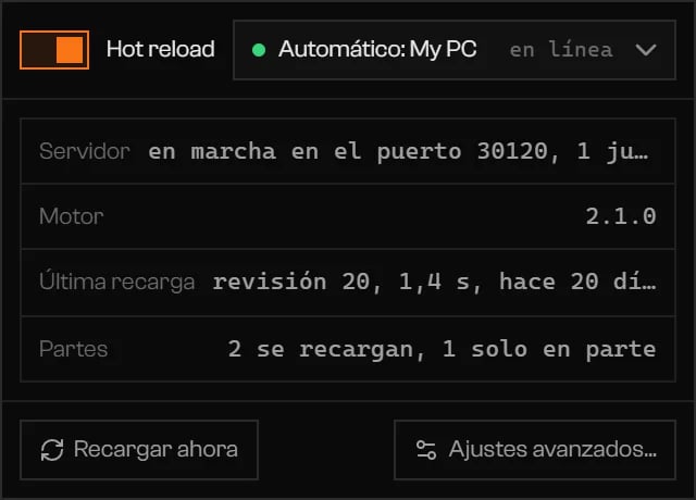 Popover de Hot reload con el interruptor activado, el servidor My PC en línea y Recargar ahora