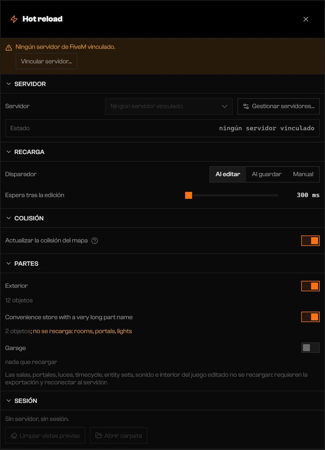 Ajustes de Hot reload con las secciones Servidor, Recarga, Colisión, Partes y Sesión