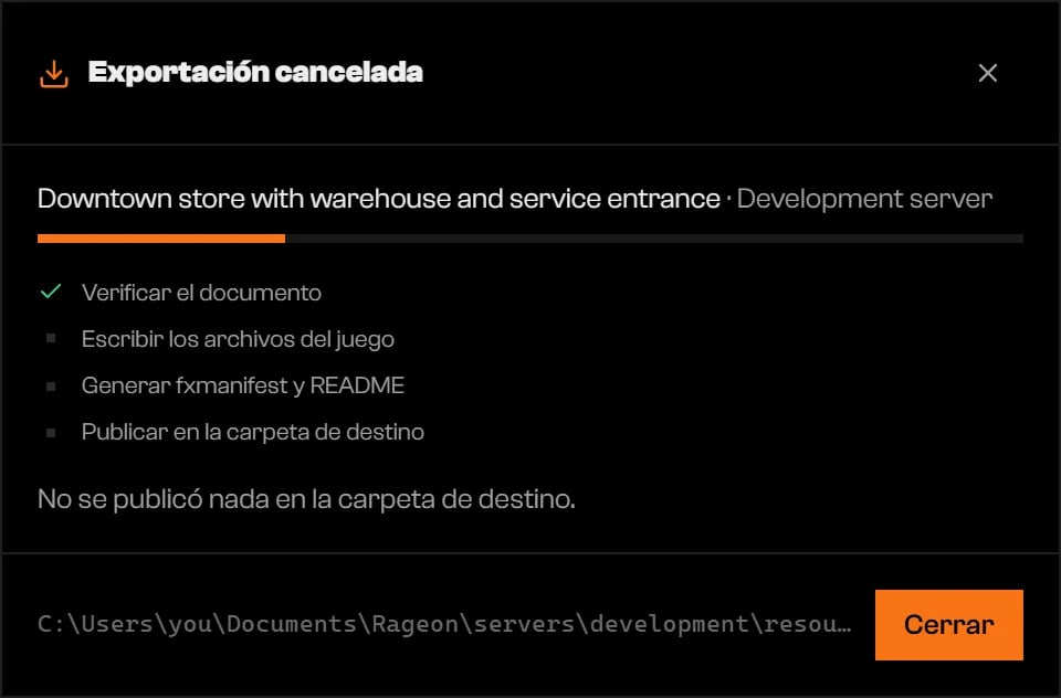 Diálogo Exportación cancelada indicando que no se publicó nada