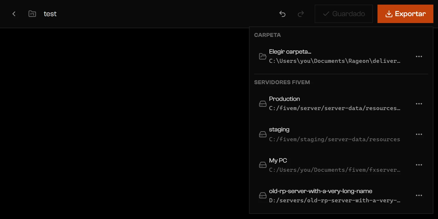 Menú Exportar con Elegir carpeta y una lista de servidores FiveM
