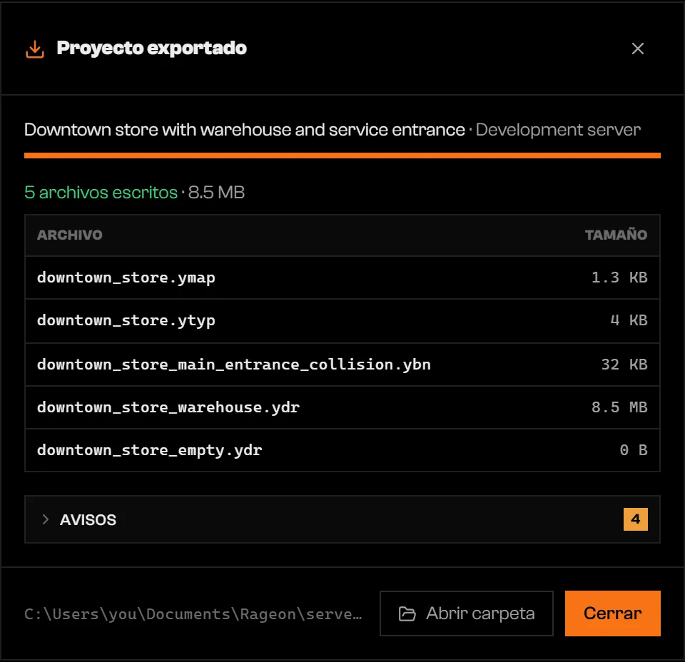 Diálogo Proyecto exportado con una sección de Avisos que muestra 4