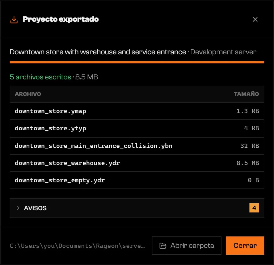 Diálogo Proyecto exportado con una sección de Avisos que muestra 4