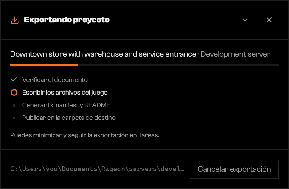 Diálogo Exportando proyecto con cuatro fases y Cancelar exportación