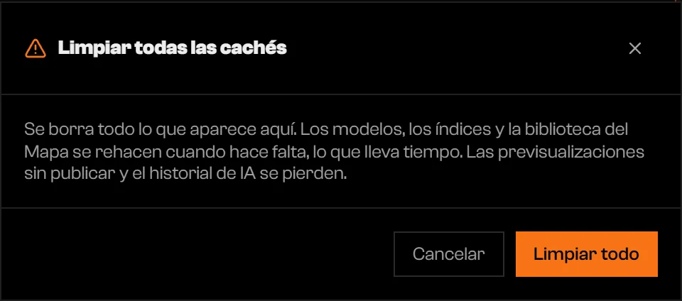 Confirmación Limpiar todas las cachés con los botones Cancelar y Limpiar todo