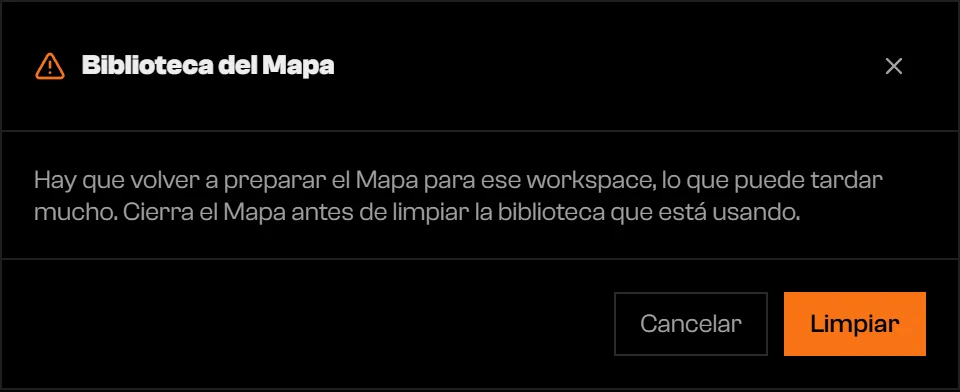 Confirmación de la Biblioteca del Mapa con los botones Cancelar y Limpiar
