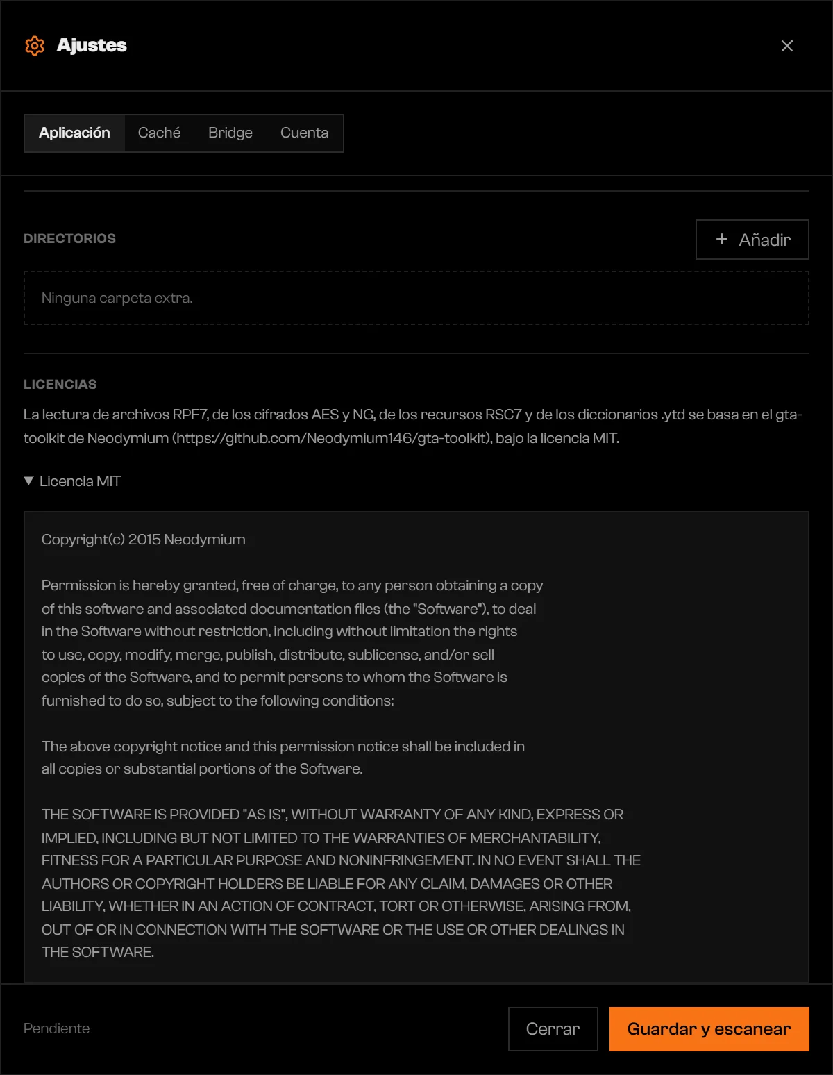 Sección Licencias con el texto de la licencia MIT abierto