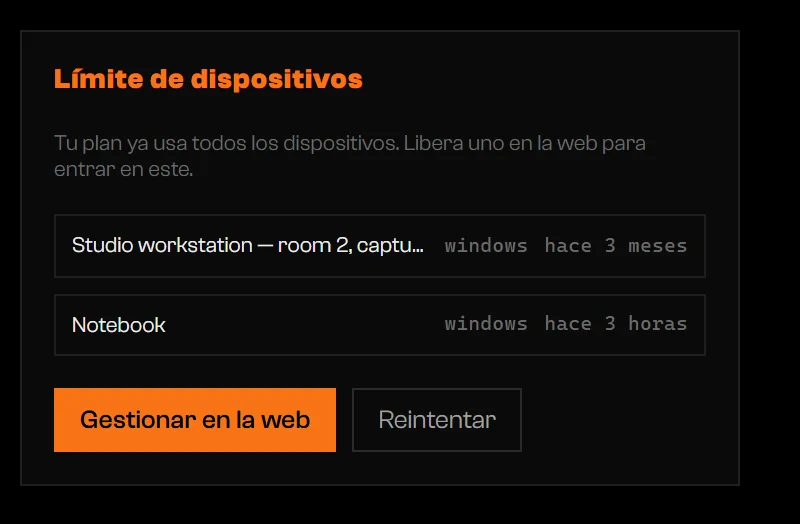 Pantalla Límite de dispositivos con dos dispositivos y los botones Gestionar en la web y Reintentar