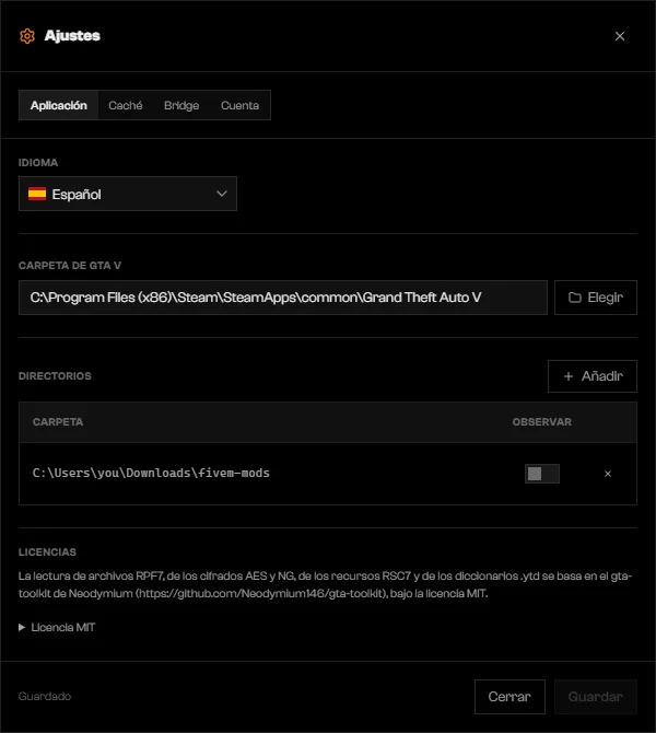 Diálogo de Ajustes en la pestaña Aplicación con Idioma, Carpeta de GTA V y Directorios