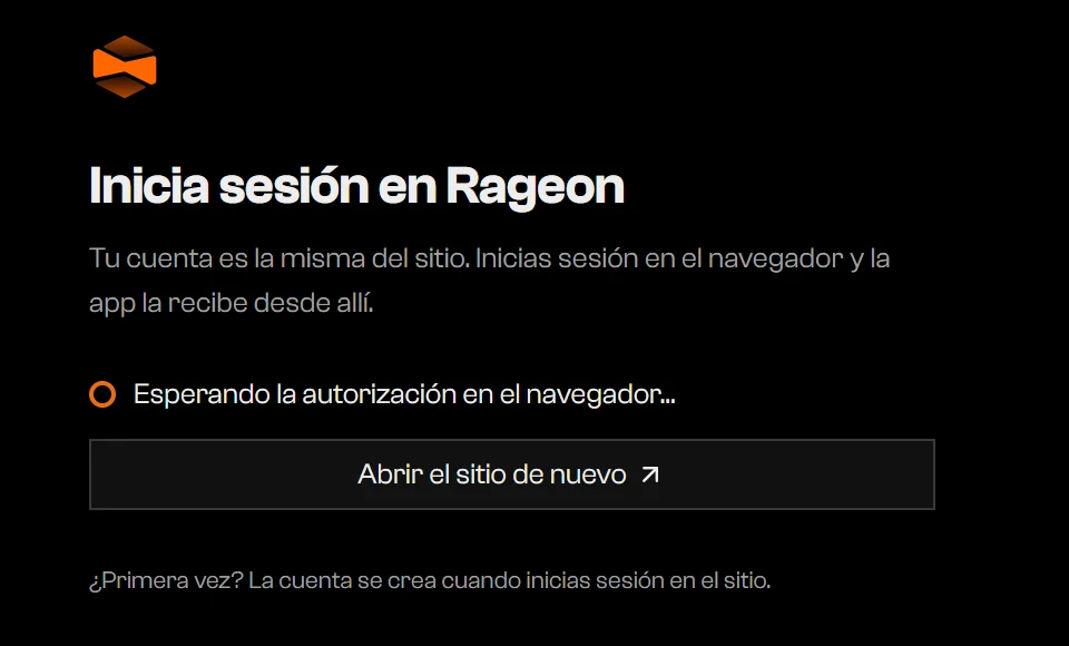 Pantalla de inicio de sesión que dice Esperando la autorización en el navegador, con un botón Abrir el sitio de nuevo