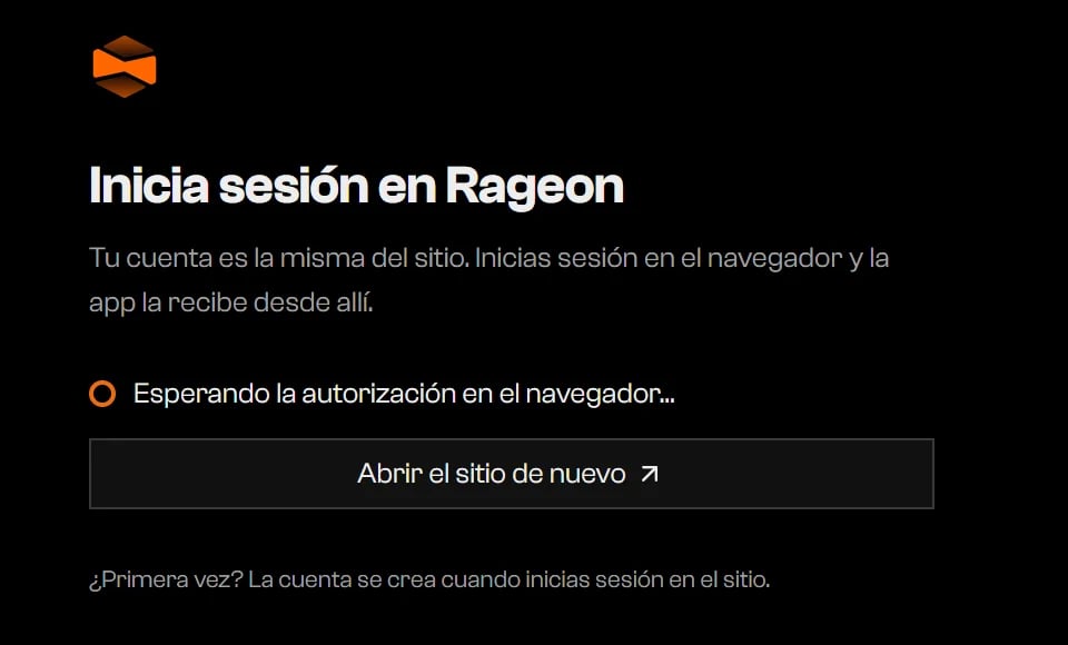Pantalla de inicio de sesión que dice Esperando la autorización en el navegador, con un botón Abrir el sitio de nuevo