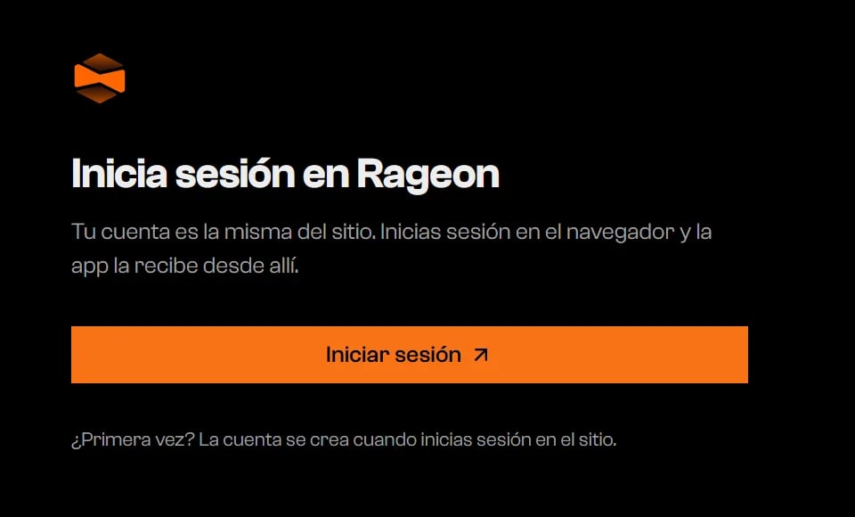 Pantalla Inicia sesión en Rageon con un botón Iniciar sesión