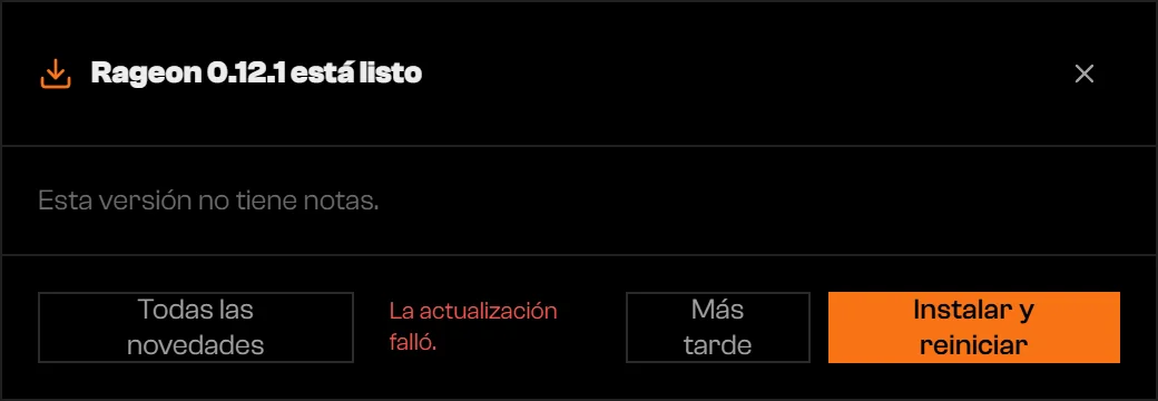 Diálogo de actualización que dice Esta versión no tiene notas, con La actualización falló en el pie